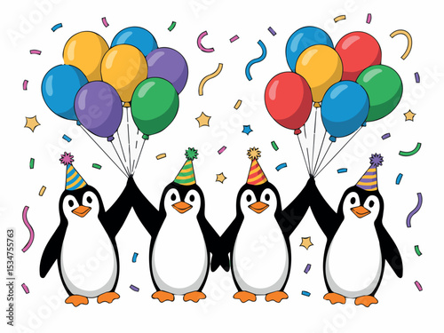 Four adorable penguins celebrating a birthday party with colorful balloons and festive confetti fun cute funny happy