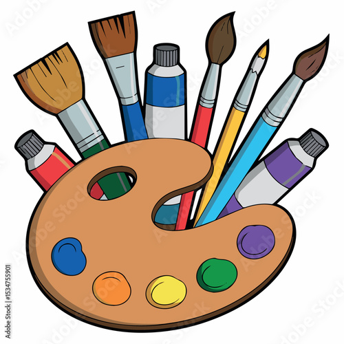 Vibrant artist palette with paint tubes and brushes ready for creative painting project oil tools craft hobby colors