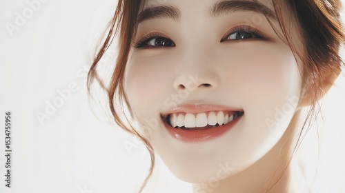 Radiant Close-up of a Beautiful Asian Woman Smiling with Perfect Teeth