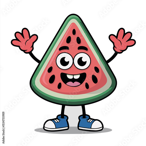 Happy cartoon watermelon character illustration summer fruit design mascot smiling cheerful cute friendly fun red food