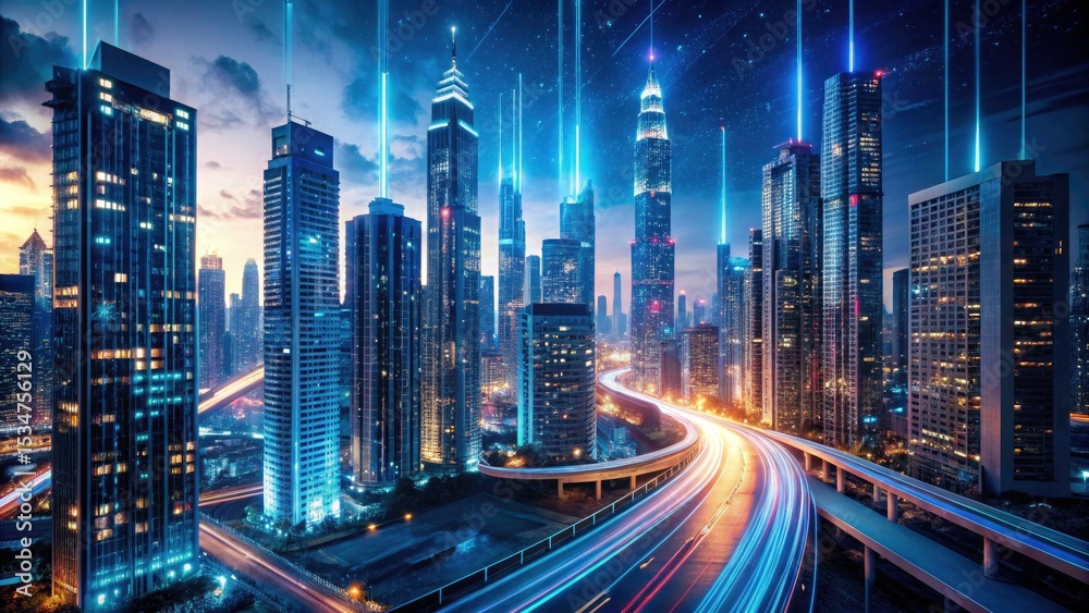 Fototapeta premium Futuristic Cityscape Night Photography: Binary Code, Skyscrapers, Traffic