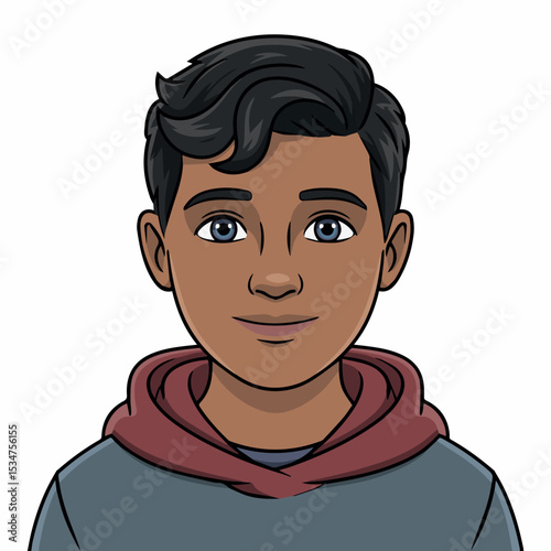 Portrait of a smiling young man with dark hair and brown skin wearing a gray hoodie boy art male face happy adult style