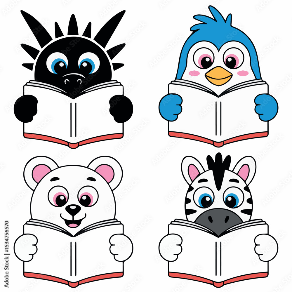 Obraz premium Adorable cartoon animals reading books cute illustration for kids story educational design fun bear baby polar zebra