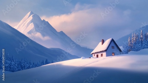Picturesque winter landscape featuring a snow-covered cabin and majestic mountains