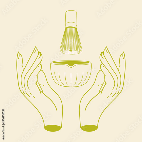 Matcha tea illustration set. Original hand-drawn green tea illustrations featuring matcha brewing utensils, a bamboo matcha whisk, and a Japanese matcha green tea brewing brush for posters, cards, caf