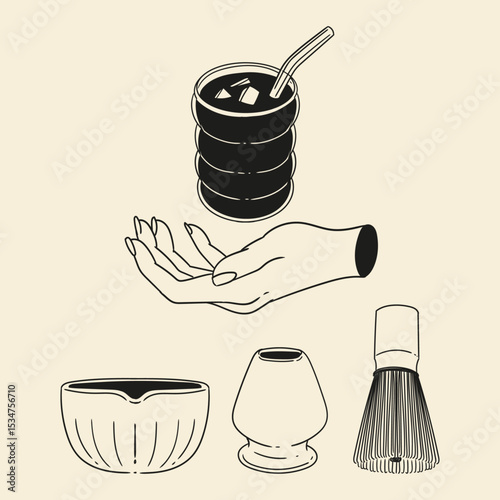 Matcha tea illustration set. Original hand-drawn green tea illustrations featuring matcha brewing utensils, a bamboo matcha whisk, and a Japanese matcha green tea brewing brush for posters, cards, caf