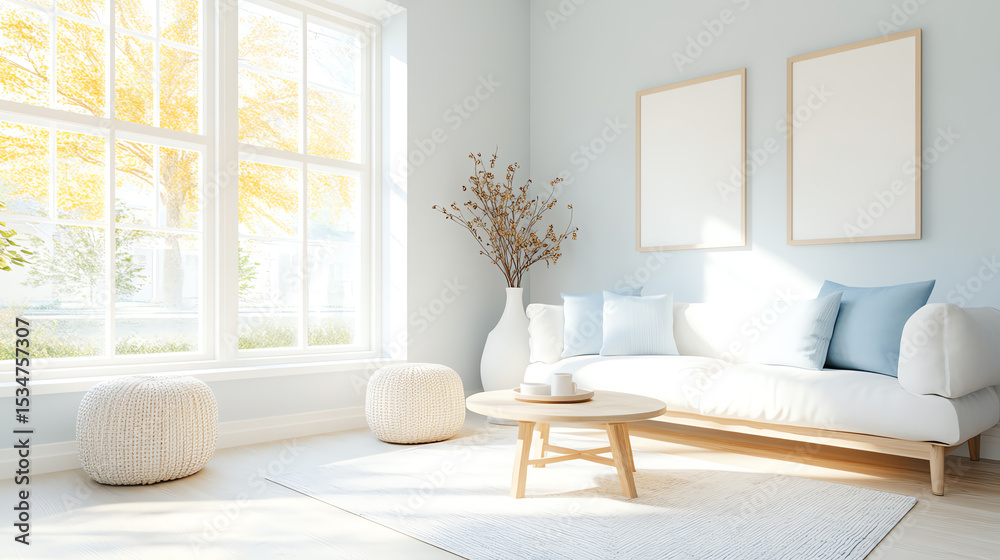 Fototapeta premium Bright and airy living room with minimalist decor, featuring natural light and cozy furnishings for a calming vibe.
