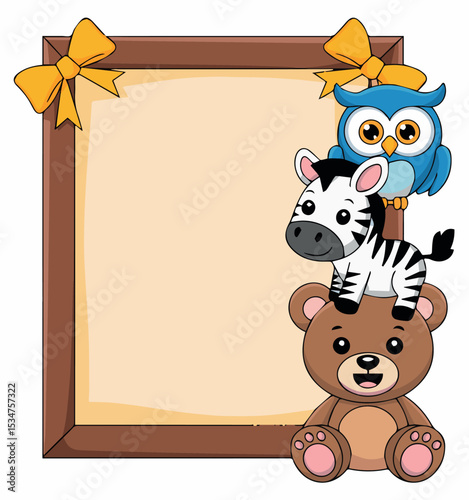 Adorable cartoon animals zebra owl bear frame illustration perfect for kids nursery decor and baby shower invitations