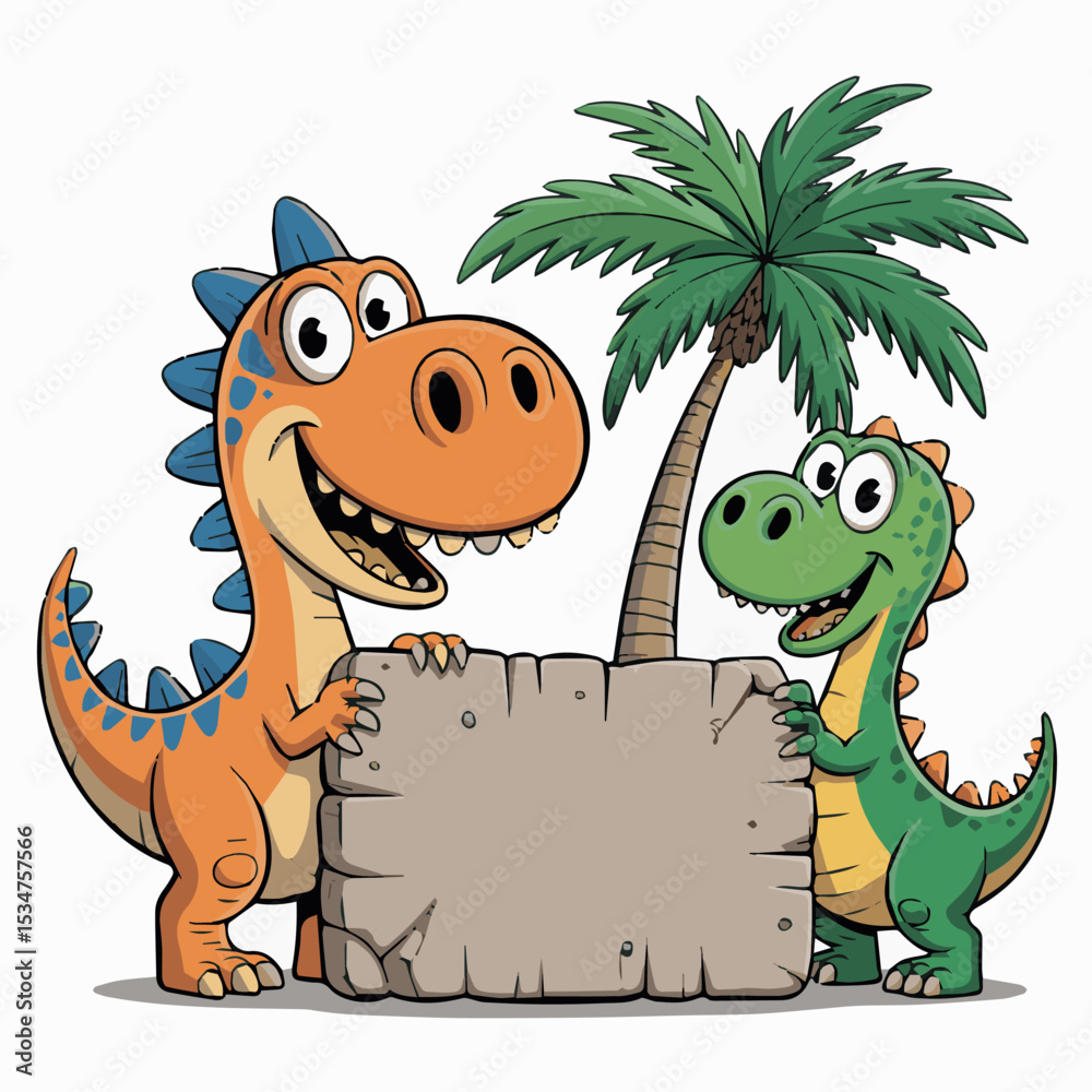 Naklejka premium Two cute cartoon dinosaurs holding a blank stone sign tropical palm tree background illustration fun kids happy green