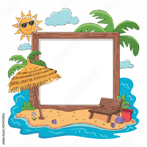 Tropical beach summer vacation frame illustration design template with palm trees and sun sea sky fun sand cute ocean