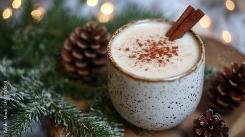 Festive Holiday Eggnog with Cinnamon and Pinecone Accents, Perfect for a Cozy Winter Celebration