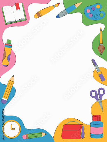 Colorful art supplies frame border design template for school projects and creative activities pens book kids cute paint
