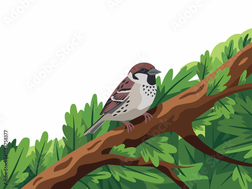 A small brown sparrow perched on a tree branch surrounded by lush green leaves in a vibrant illustration art bird cute