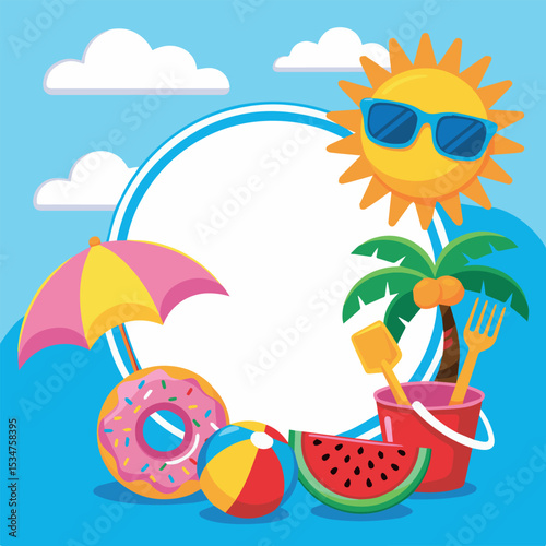 Summer vacation fun bright colorful beach scene illustration design template sun sky palm tree sand cute kids donut spade