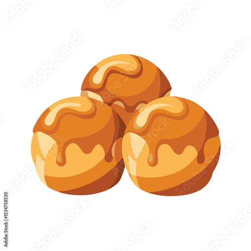 Three Golden Brown Sweet Treats Drizzled with Caramel Topping A Simple Flat Illustration of Delicious Pastries