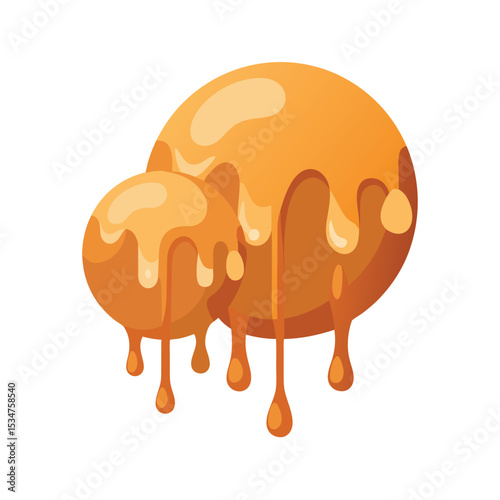Two Caramel Candies with Dripping Golden Syrup Sweet Treat Illustration Amber Brown Orange Tones