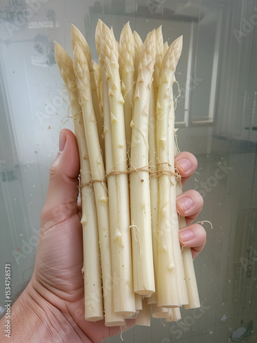 Bundle of white asparagus in famer's hand.