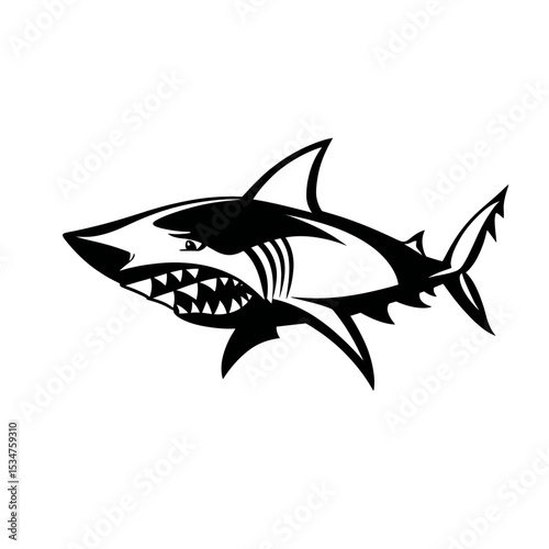 Illustration of a black and white shark with sharp teeth