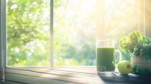 Fresh green smoothie by the window promotes a healthy lifestyle