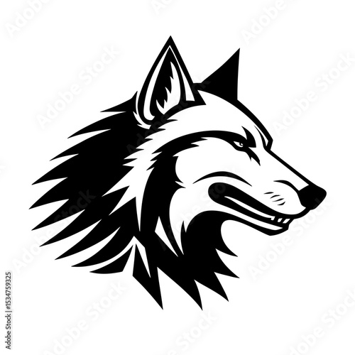 Illustration of a black and white wolf head in profile