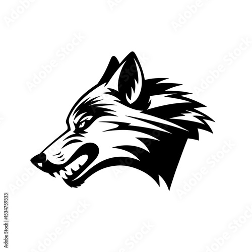 Illustration of a black and white snarling wolf head