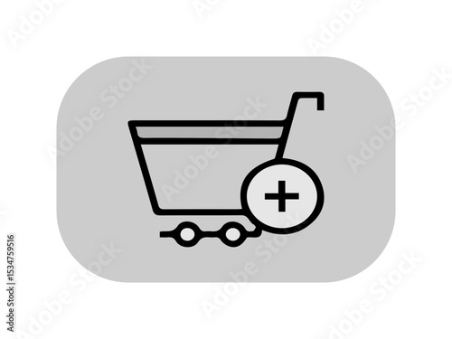 The image displays a black outline of a shopping cart with a circular “plus” sign icon on the front, symbolizing the action of adding an item to the cart