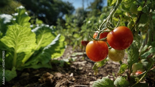 A few ripe red tomatoes are hanging from a plant