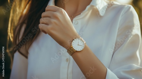 Elegant golden wristwatch on woman's wrist, a timeless fashion statement