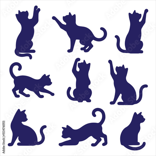 Collection of cat silhouettes in various poses isolated on background