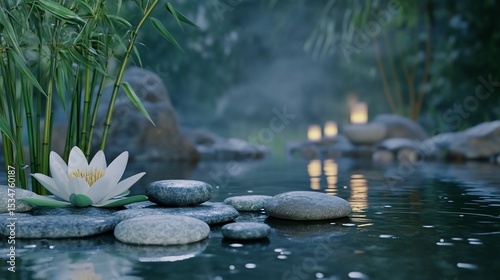 Serene Zen Garden with Lotus Flower, Stones, Bamboo, and Candlelight