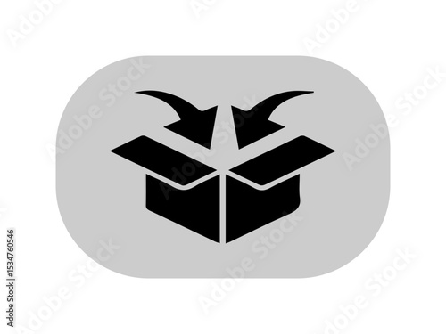 The image displays a black icon of an open box with two downward-facing curved arrows pointing into it. The icon is set against a light gray rounded rectangular background.