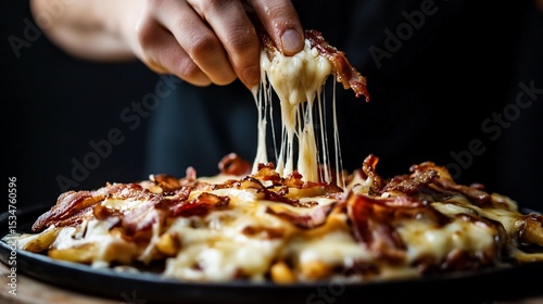Close-up shot of hand picking up cheesy bacon fries with melted cheese