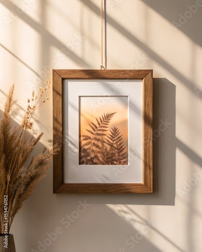 Art print or quote mockup in floating frame, styled with dried botanicals and warm soft shadows
