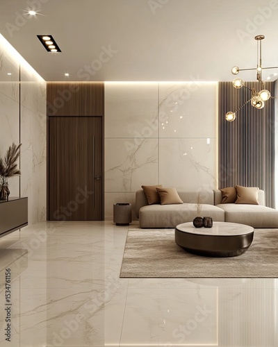 Modern beige living room with marble accents