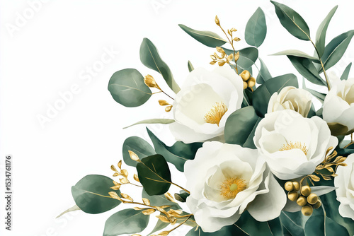 Watercolor floral illustration bouquet - white flowers, rose, peony, green and gold leaf branches collection. Wedding stationary, greetings, wallpapers, fashion, background. Eucalyptus, olive, leaves
