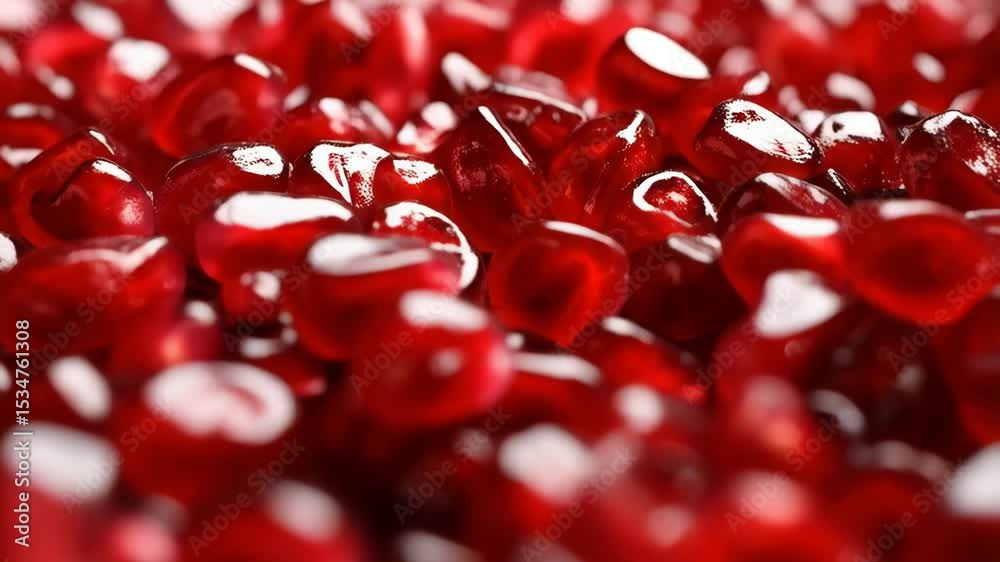 Vibrant red pomegranate seeds close up, glistening, heap, background texture, healthy food, macro studio shot, ripe and fresh.