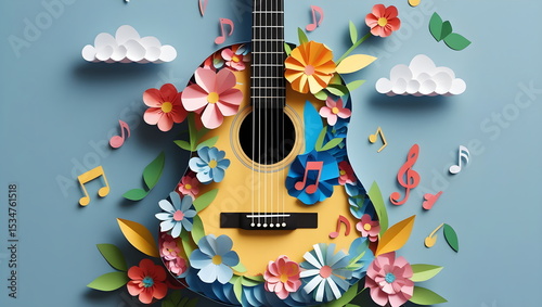 Acoustic guitar decorated with colorful papercraft flowers and music notes