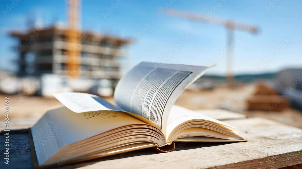 Open book wooden table with blurred construction site and crane background, symbolizing knowledge, learning, and education architecture or engineering fields, with sunlight and outdoor inspiration