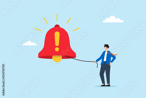 Flat illustration of businessman ringing giant alarm bell with exclamation symbol to signal emergency alert and draw public attention