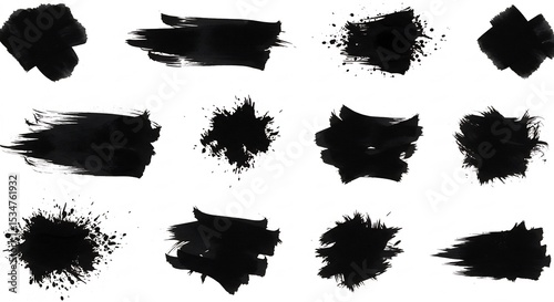 Bold black ink brush strokes splatter dynamically across white background. AI Generated