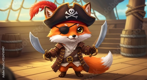 Adorable pirate fox bravely stands deck warm sunlight. AI Generated