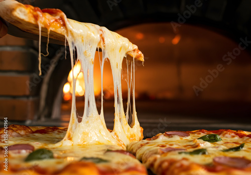 Melted cheese pizza slice from oven