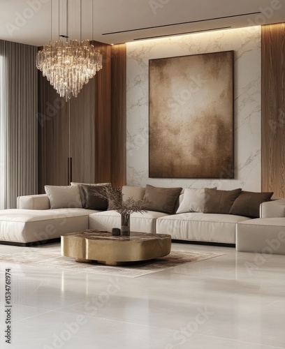 Modern living room with a neutral color palette, featuring a large abstract painting, a statement chandelier, and a sectional sofa
