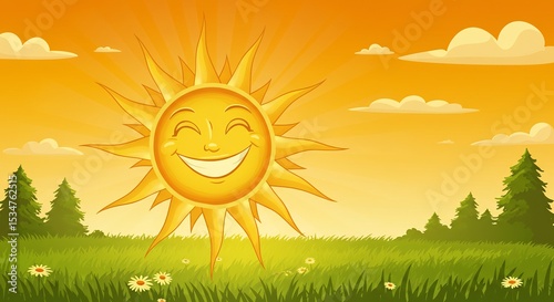 Happy Sun Smiles Warmly over Green Field at Sunset. AI Generated