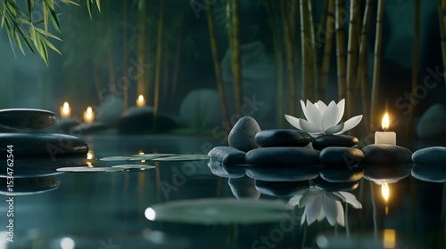 Serene zen garden with water lily, stones, candles, and bamboo forest creating a peaceful and meditative atmosphere