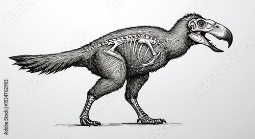 Detailed Pen Sketch Prehistoric Bird Skeleton Anatomy. AI Generated