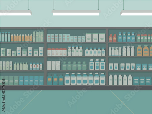 Well organized supermarket shelves with various products bottles and boxes shop food care neat flat store drink stock