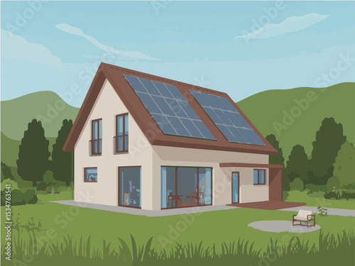 Modern eco friendly house with solar panels on roof in green landscape sky sun home yard view hills trees grass clean