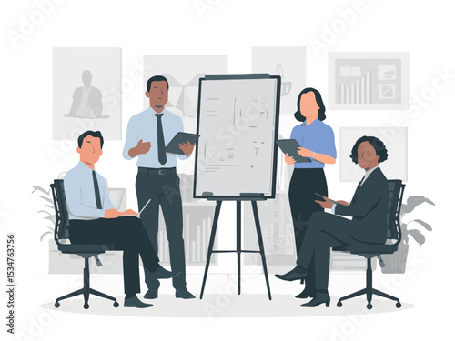 Diverse business team meeting collaboration presentation strategy planning office work flat data group ideas people