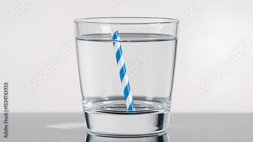 A clear glass tumbler filled with water vividly demonstrates the scientific principle of light refraction, showing a blue and white striped drinking straw appearing distinctly bent or broken at the wa